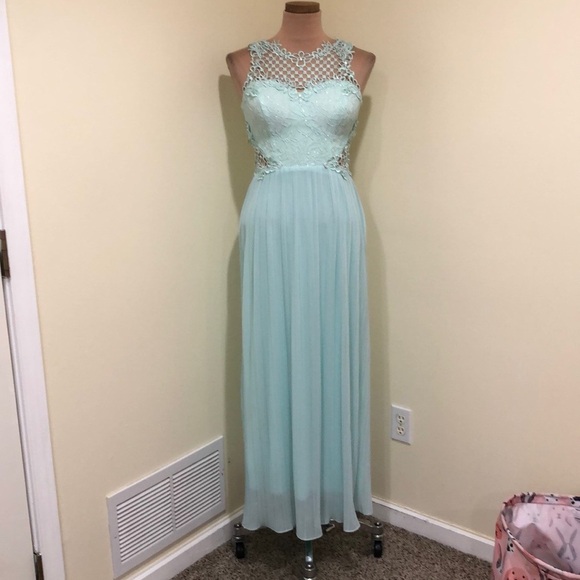City Triangles Formal Maxi Dress Size 7 Pastel Aqua Blue Floral Lace Rhinestones - Picture 2 of 9